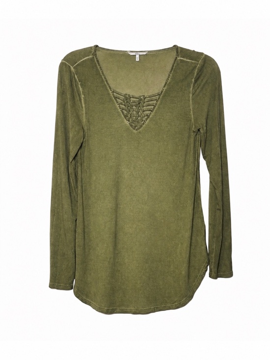 BKE Tops - BKE Olive Green Long-Sleeve Crochet V-Neck Curved Hemline Top Size Small
